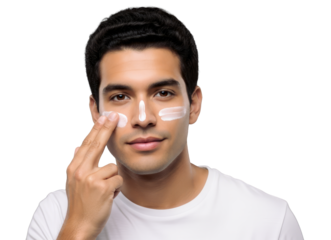 Young Brazilian Man Applying Sunscreen Lotion to His Face