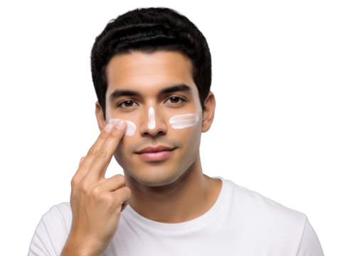 Young Brazilian Man Applying Sunscreen Lotion to His Face