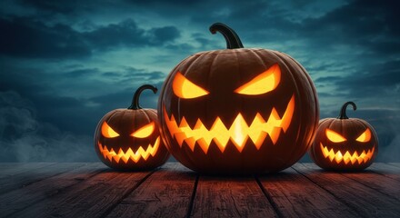 Halloween JackoLanterns Spooky Pumpkins on Wooden Dock Night Sky Background