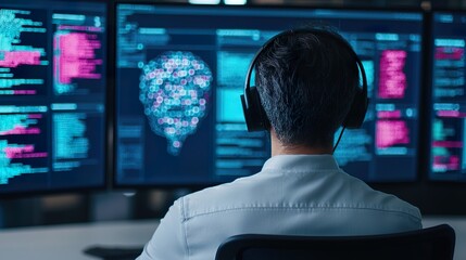 AI chatbot being trained through a graphical interface, displaying conversational tree, sentiment analysis, and NLP statistic