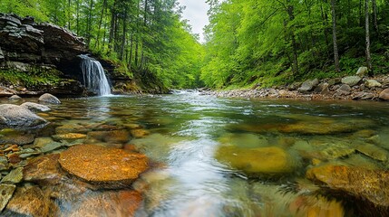 Clear River Flowing Through Forest with Green Trees and Rocks on Both Sides, Small Waterfall, Panoramic High-Resolution Nature Landscape