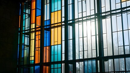 Colorful Geometric Glass Window in Modern Building Interior