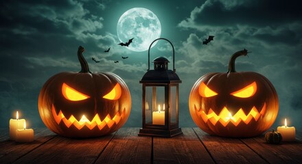 Halloween Night Scene Jackolanterns Lantern and Moonlit Night Background