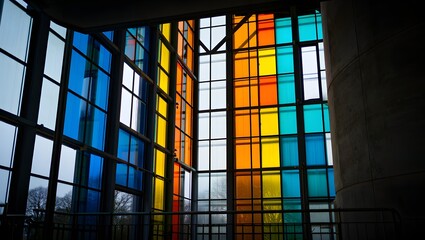 Colorful Geometric Glass Window in Modern Building Interior