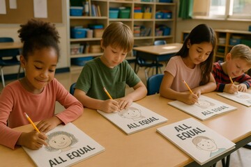 Young pupils are drawing portraits of children of different ethnicities during an activity promoting equality and diversity in their classroom