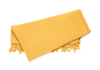 Yellow beach towel isolated on white, top view