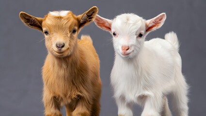 Two cute baby goats pygmy goat kids brown goat white goat farm animals livestock pets