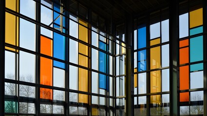 Colorful Geometric Glass Window in Modern Building Interior
