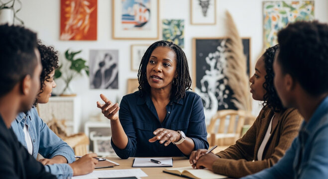 Black woman leading team meeting in creative coworking space