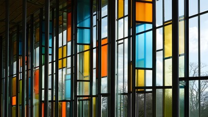 Colorful Geometric Glass Window in Modern Building Interior
