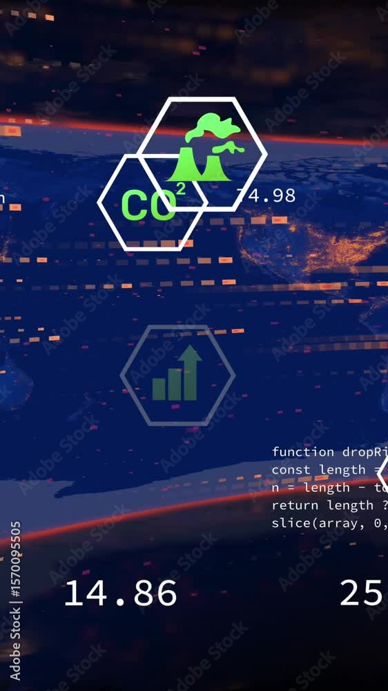 Poster animation of data processing with icons over world map on black background