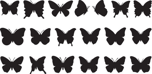 Obraz premium Set of black butterfly silhouettes vector design with wings flying nature insect icons collection