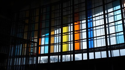 Colorful Geometric Glass Window in Modern Building Interior