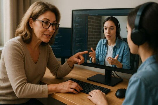 Two female programmers having a virtual mentorship session, discussing code on a computer, with another programmer visible on the screen