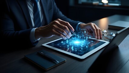 Businessman using digital tablet for network connection and data analysis concept