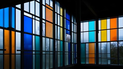 Colorful Geometric Glass Window in Modern Building Interior