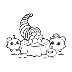 Pumpkin, Scarecrow, and Cornucopia – Cute Fall Coloring Page for Kids, cute seasonal coloring page, autumn harvest coloring, thanksgiving coloring sheet, fall coloring page kids, easy bold line art, 