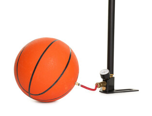 Basketball ball and manual air pump isolated on white
