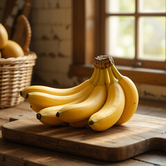 Ripe Yellow Bananas on Rustic Wooden Board