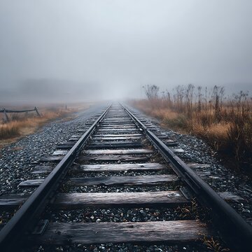 Misty Railway Tracks Stretching into the Distance in a Foggy Landscape .