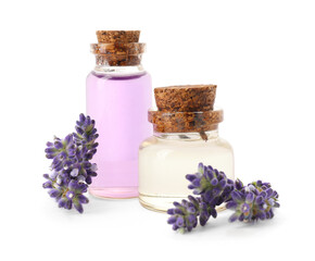 Natural essential oil and lavender flowers isolated on white