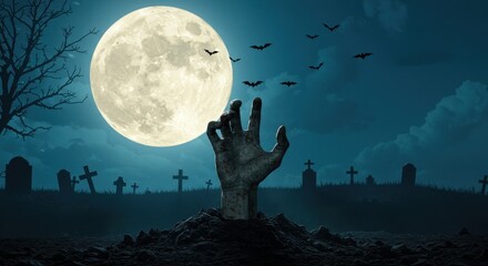 Spooky Night A Zombie Hand Emerges from the Grave Under a Full Moon