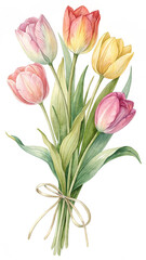 Fototapeta premium Pink yellow red tulips watercolor bouquet flowers