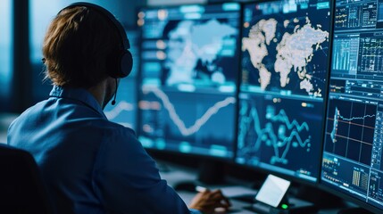 AI dashboard monitoring marine vessel routes in real-time, large digital map with moving ships and weather overlays,