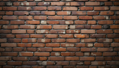 Obraz premium Red brick wall with visible signs of aging and peeling paint, showing its weathered texture and rough surface typical of old urban architecture