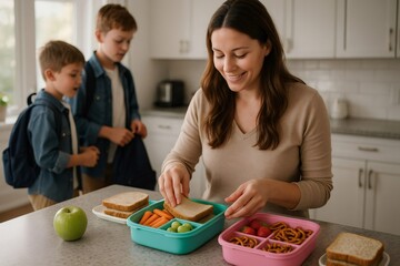 Smiling mother preparing nutritious lunch boxes filled with sandwiches, fruits, and vegetables for her children in a bright, modern kitchen