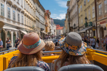 Two women sit on an open-top bus, wearing stylish hats as they explore a bustling European street filled with shops and pedestrians on a sunny day