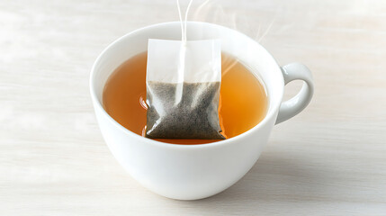 A teabag steeping in a white cup of hot water, with steam rising, set on a light wooden surface. Simple, comforting and relaxing beverage preparation.