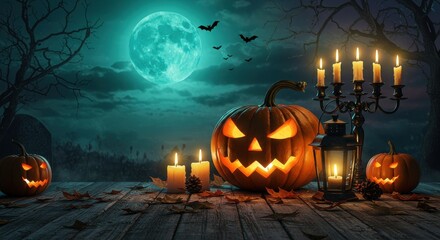Eerie Halloween Night Jackolanterns Candles and a Mystic Moon
