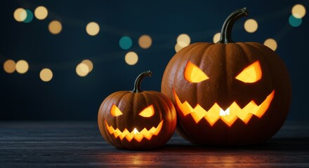 Spooky JackoLanterns Glowing Halloween Pumpkins on Dark Wooden Table