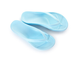 Blue flip-flops isolated on white, top view. Beach accessory