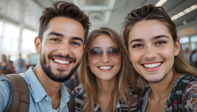 Three people smiling while taking a selfie together at an airport, expressing joy, friendship, and travel excitement before a journey or flight