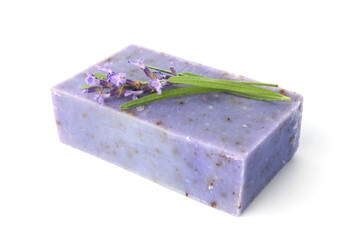 Soap bar and lavender flowers isolated on white