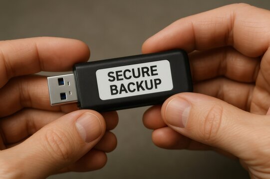 Close up of a technician holding a secure backup USB drive, ensuring data safety and protection