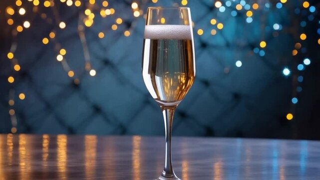 Celebrate with bubbly, A single champagne flute on a table sparkles with lights, perfect for festive events. - Powered by Adobe