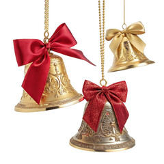 Three ornate christmas bells with red and gold bows isolated on transparent background