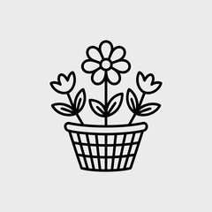 Minimalist line art flower basket with blooming flowers  