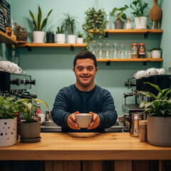 Arab man with Down syndrome smiling in rustic coffee shop
