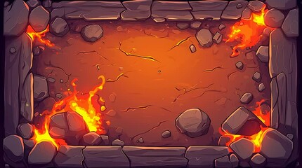 Fiery cracked ground illustration frames glowing hot lava with dark rocks forming a stylized volcanic background for game design - Powered by Adobe