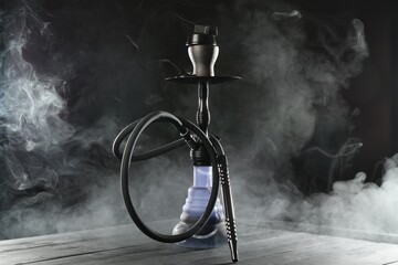 Hookah on wooden table with smoke against black background