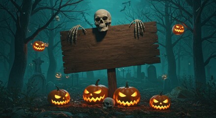 Halloween Graveyard Scene Spooky Wooden Sign with Pumpkins and Skulls in a Haunted Forest