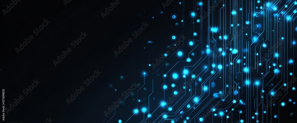 Poster abstract blue circuit board background vector illustration with glowing elements on a dark black bac