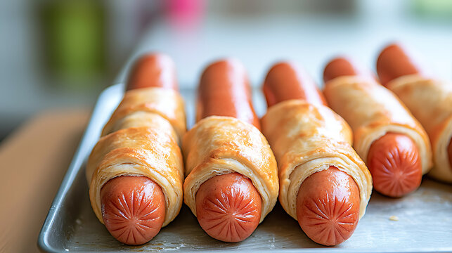Pigs in a blanket, arranged on a serving tray. These look delicious, a great appetizer or snack, featuring a flaky pastry and a hot dog sausage. - Powered by Adobe