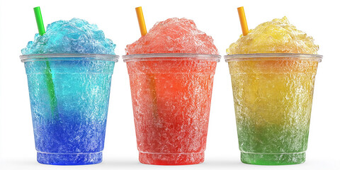 Three vibrant slushies against white backdrop. Refreshing treat for marketing or design use.