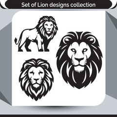 Lion Designs Collection Featuring Three Distinct Black and White Lion Illustrations, Emphasizing Majesty and Strength