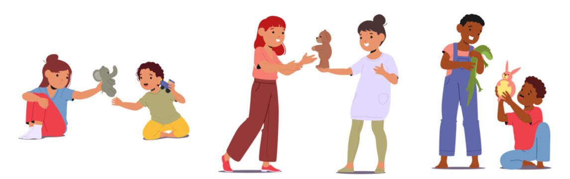 Children cartoon characters sharing toys playing together demonstrating kindness and friendship